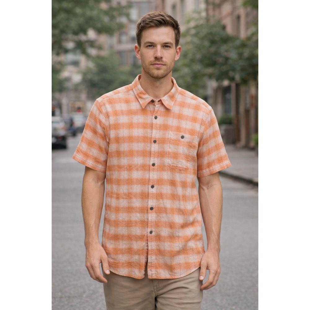 Patagonia Button Down Shirt Mens Sz Large Orange‎ Plaid Organic Cotton Short Slv